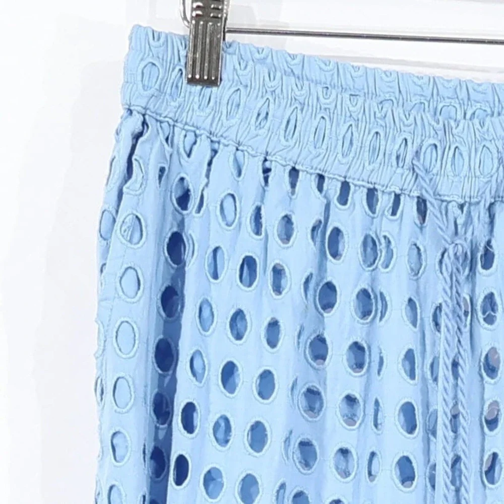 Dotti Swim Cover Up Pants Womens M Blue Cotton Eyelet Boho Beach Wide Leg $68NWD